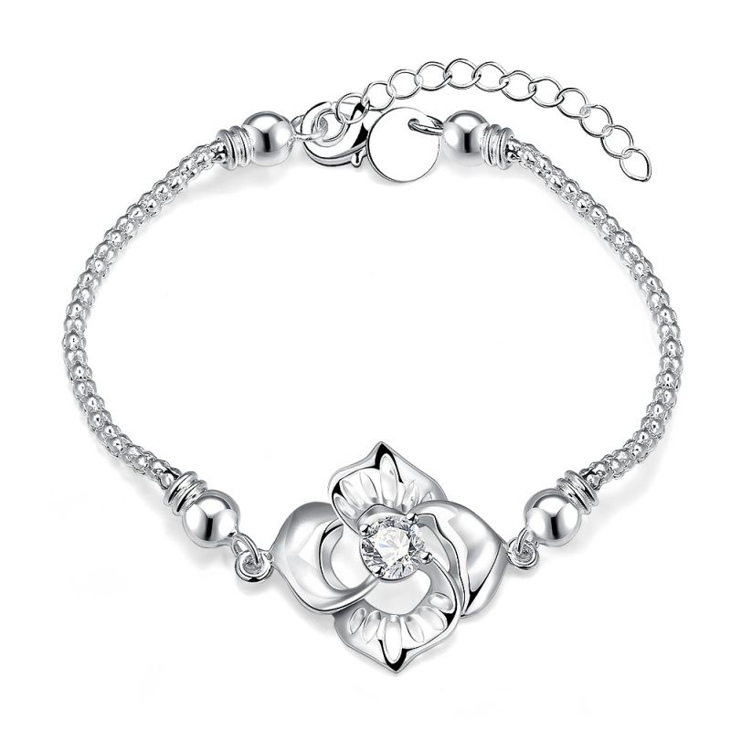H381 Fashion Bracelet 锆石玫瑰花手链欧美外贸镀925纯银女首饰送女朋友七夕情人节礼物