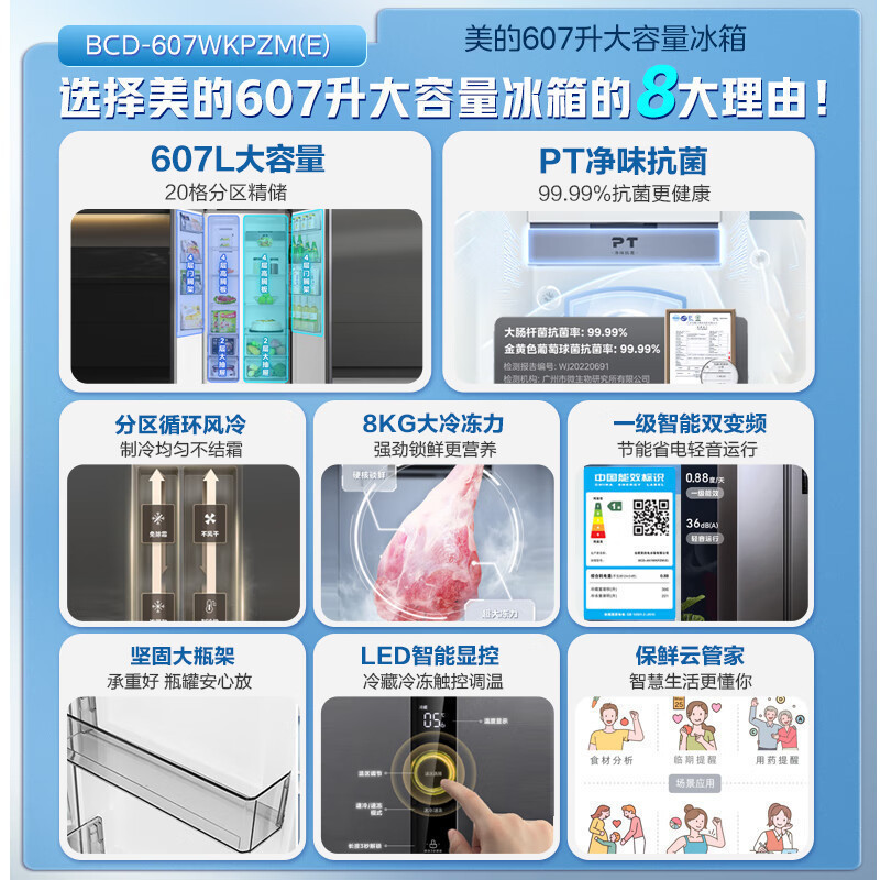 美的(Midea)607升对开门冰箱双变频一级能效家用超薄电冰箱智能净味无霜BCD-607WKPZM(E)大容量高清大图