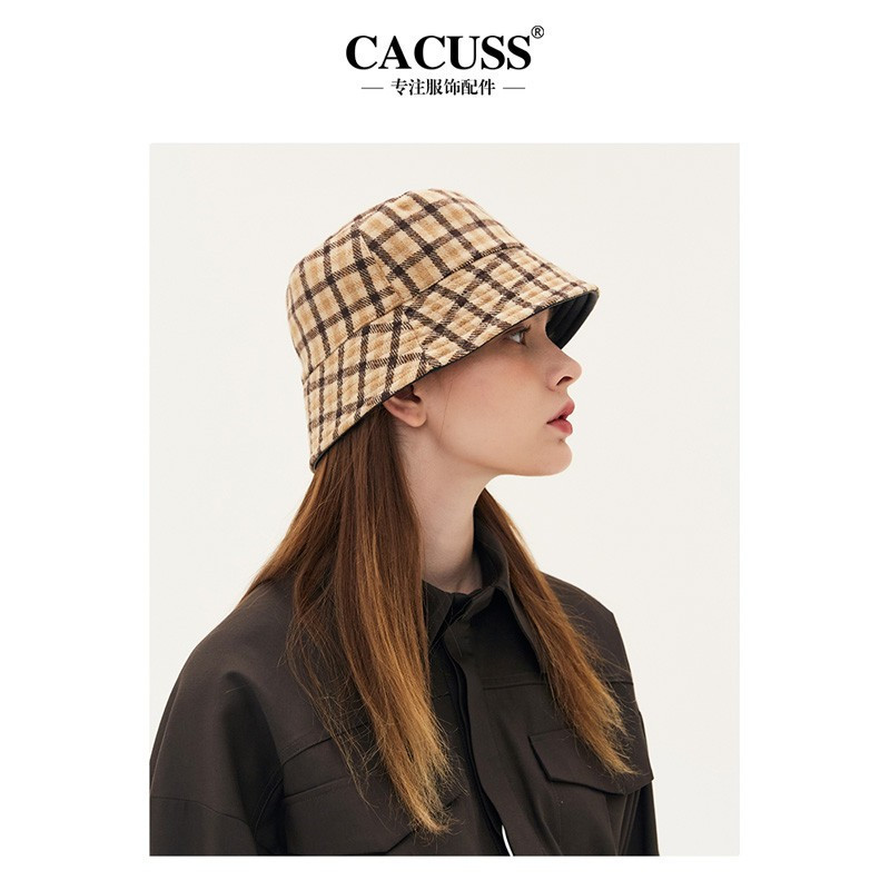 CACUSS 帽子女秋冬渔夫帽双面戴保暖格纹户外盆帽桶帽PM158