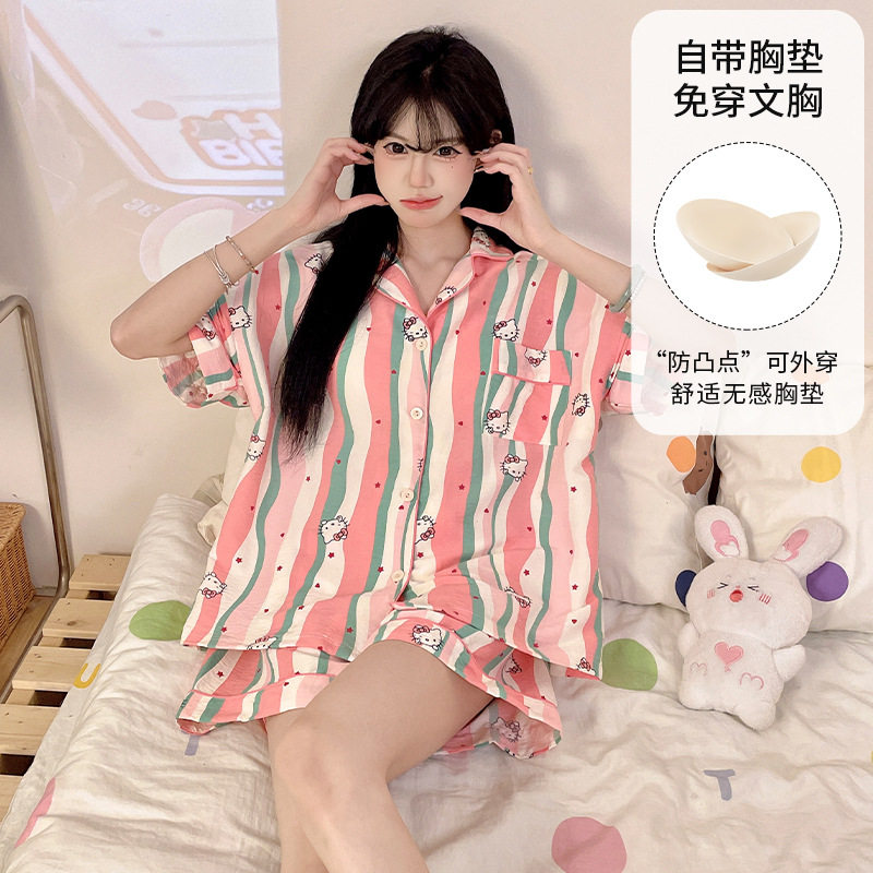 2026年短袖短裤云朵棉夏季薄款开衫睡衣女可爱新款带胸垫套装高清大图