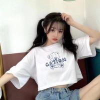 短袖t恤女夏季2021新款韩版ins潮紧身修身短款漏露肚脐体恤上衣服 白色[GATION 熊] S