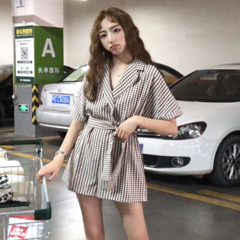夏装女装韩版宽松显瘦系带收腰格子连体裤休闲裤短裤阔腿裤+腰带 卡其格 均码