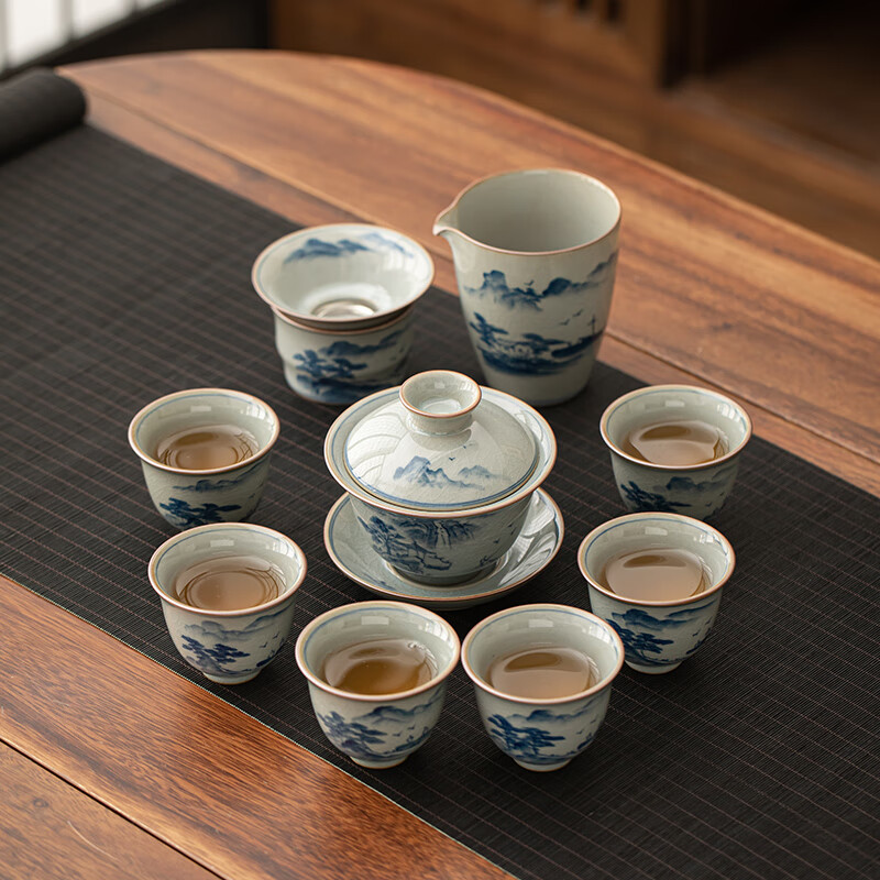 苏氏陶瓷/SUSHI CERAMICS J1028 仿古青花青山绿水盖碗套装 (单位:套)高清大图