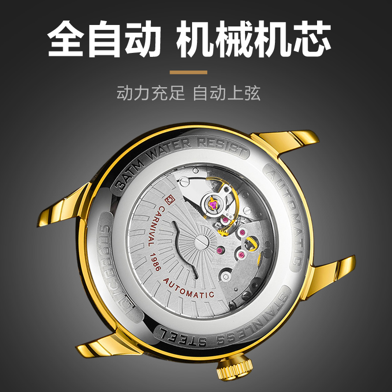 新款正品嘉年华Carnival手表男士全自动机械表 男表时尚防水真皮带休闲男表单日历力洛克表盘罗马刻度8605高清大图