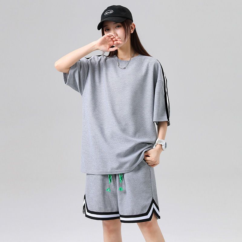 真维斯华夫格运动套装女新款夏季薄款潮牌休闲短袖短裤情侣两件套