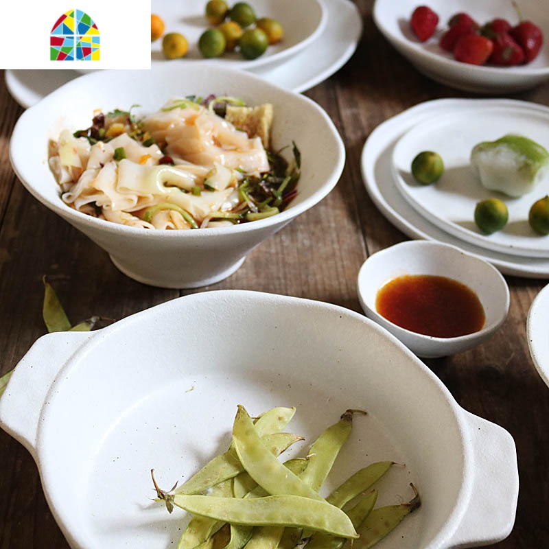 封后W1962白色粗陶质感手捏不规则黑点中式家用餐具碗盘鱼盘饭碗套装 FENGH 粗白11.5寸平盘22.8*1cm--高清大图