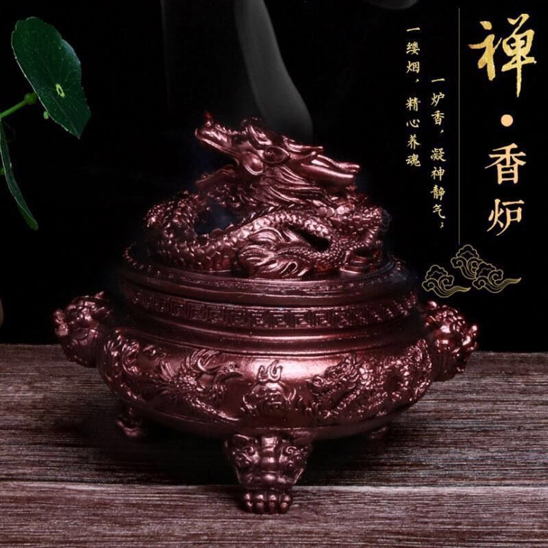 [龙凤香炉]檀香盘香炉熏香塔香炉家用卧室蚊香炉香熏炉创意摆件 [金黄色]龙凤香炉送防火棉+葫芦香座