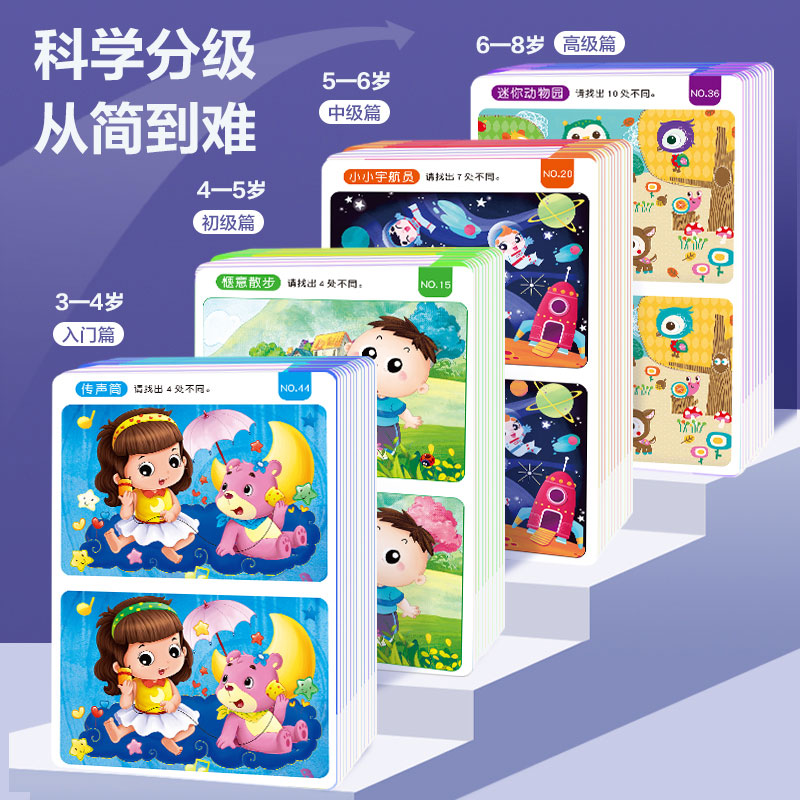 全阶段·[零基础+入门+初级+中级+高级] 320幅找不同场景 [正版]儿童专注力训练找不同益智游戏卡图案 幼儿园益智动高清大图