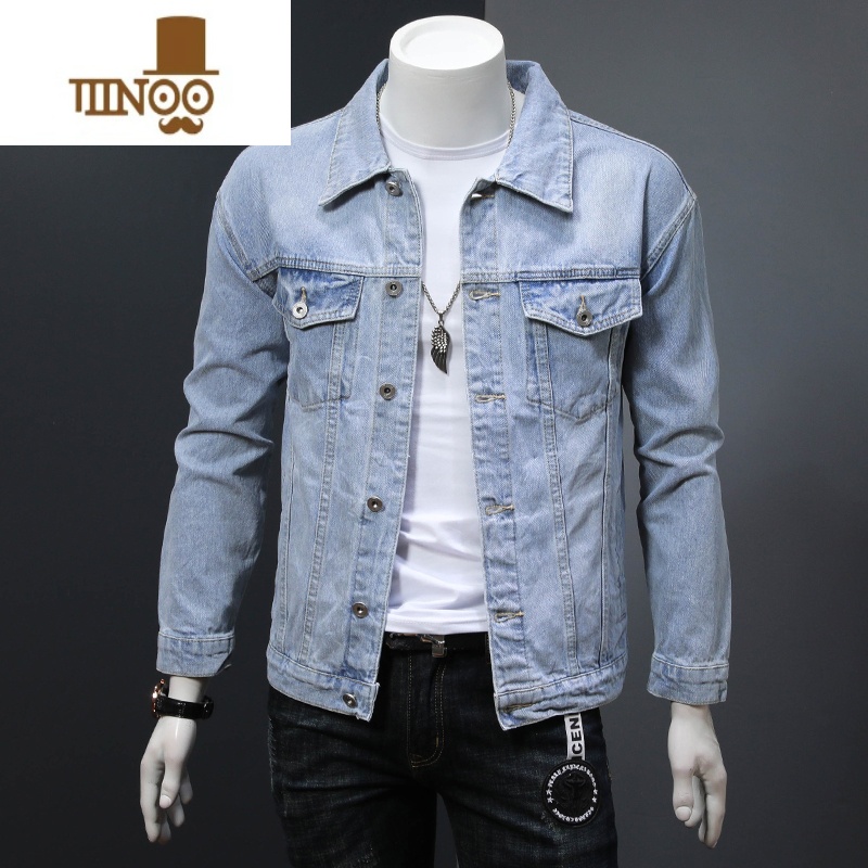 YANXU新款修身破洞牛仔外套男士牛仔褂上衣翻领夹克复古牛仔服高清大图