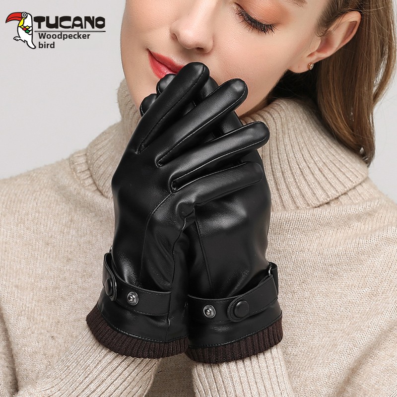 啄木鸟皮手套女冬季加绒加厚防风防水触屏保暖摩托电动车骑行手厚高清大图