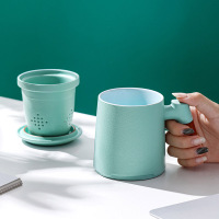 領藝 办公室带盖过滤泡茶杯大容量茶水分离杯杯子陶瓷 平凡马克杯(湖兰)