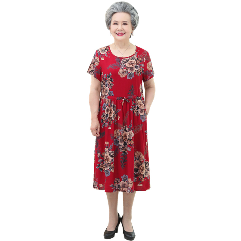 黑底百花连衣裙xl奶奶装夏装长裙子中老年人女装60岁70妈妈老人棉绸