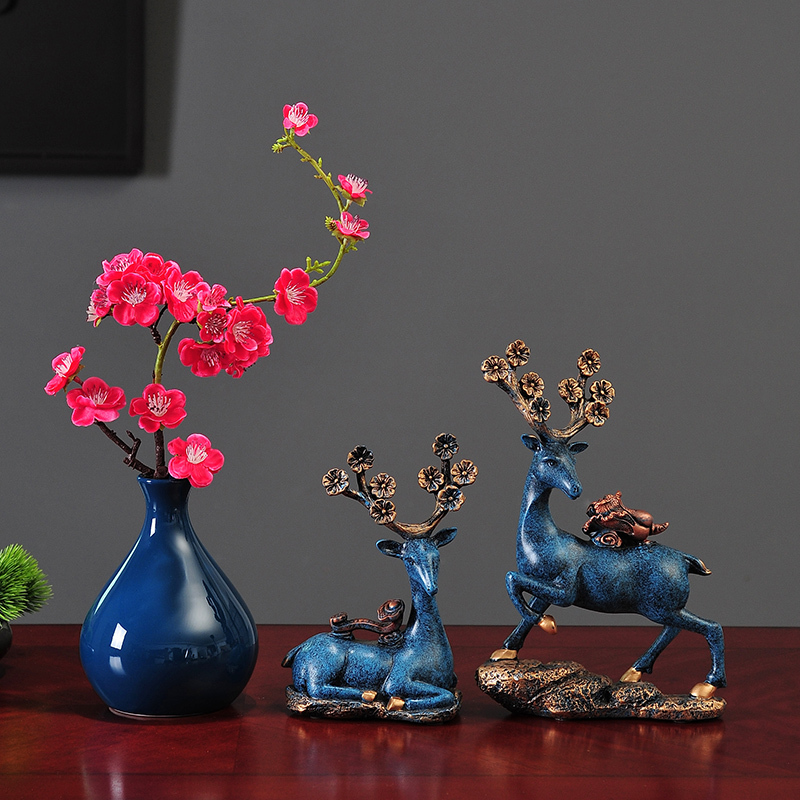 新中式小花瓶摆件干花装饰品客厅插花餐桌电视柜家居陶瓷创意摆设 三维工匠 小蓝瓶带玫红花+如意百财鹿