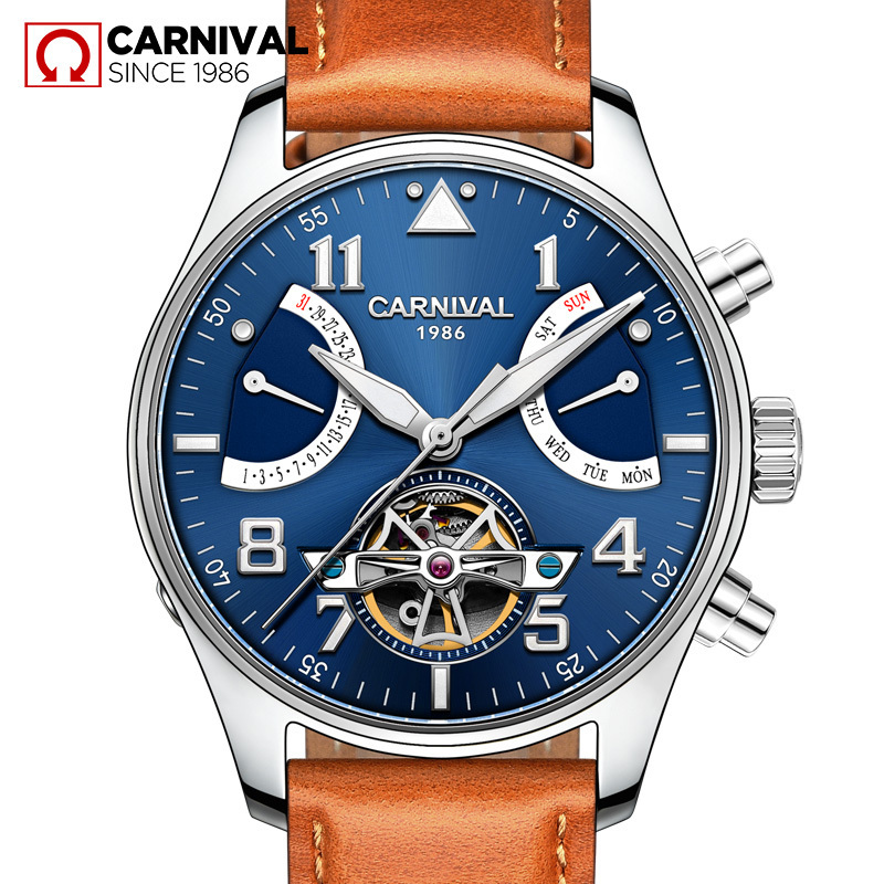 嘉年华Carnival手表大表盘男士全自动机械表 男真皮表带商务针扣腕表夜光防水休闲时尚大气魅力型男必备8783G黄皮高清大图