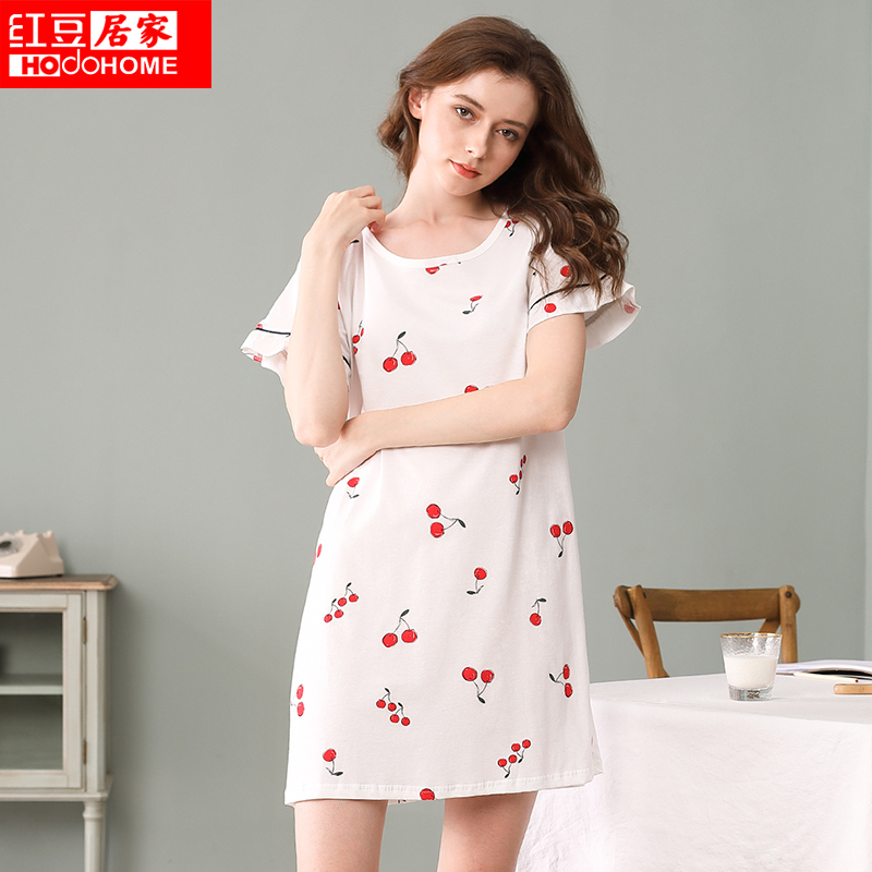 红豆居家(Hodohome) 春夏纯棉短袖清新樱桃印花少女系小清新可外穿家居睡裙
