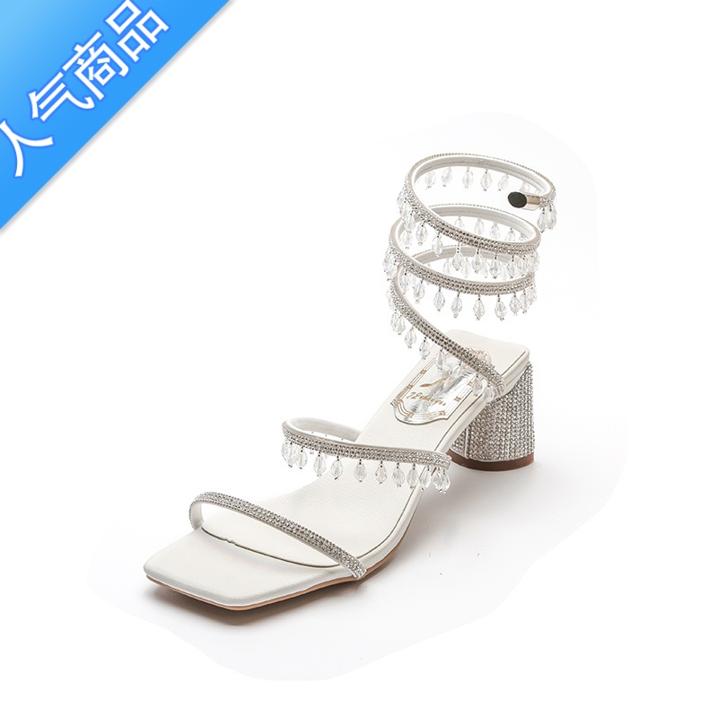 SUNTEK水钻粗跟凉鞋女2023夏季新款仙女风一字带蛇形缠绕罗马绑带高跟鞋高清大图