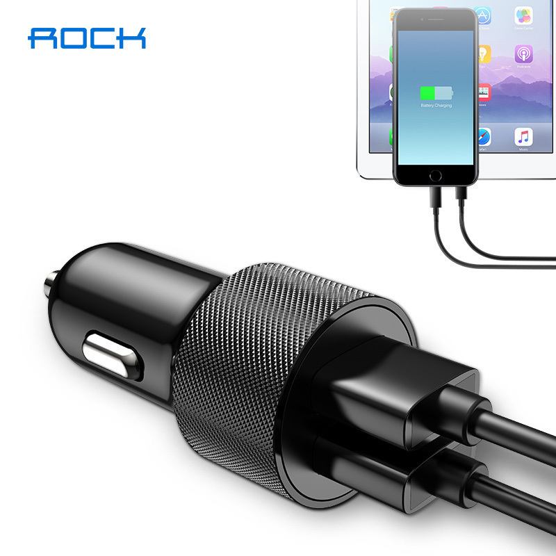 洛克(ROCK)车载充电器一拖二点烟器车充快充2.4A双USB汽车充电器黑色