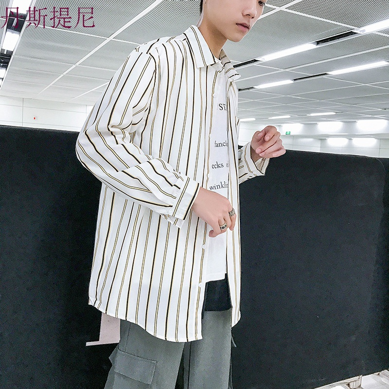 衬衫男秋季新款男士长袖男装港风修身型潮流条纹大码休闲宽松上衣