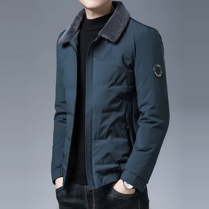 花花公子品牌2021冬羊毛翻领羽绒服男短款白鸭绒休闲中年男士外套保暖衣服图片