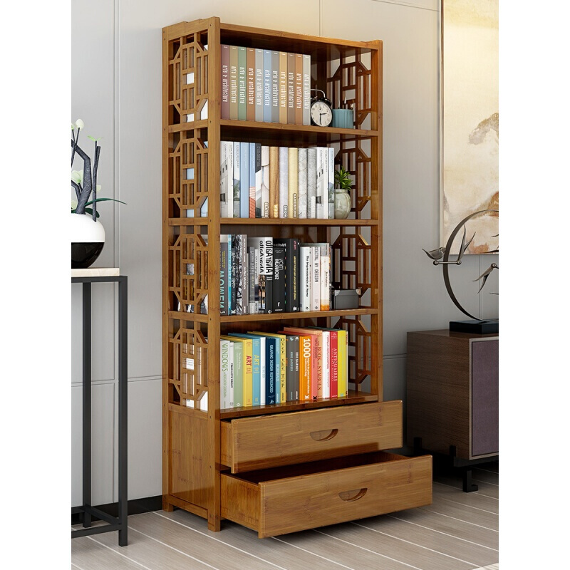 楠竹书架抽屉书柜简约现代书架落地简易书架客厅实木置物架储物柜