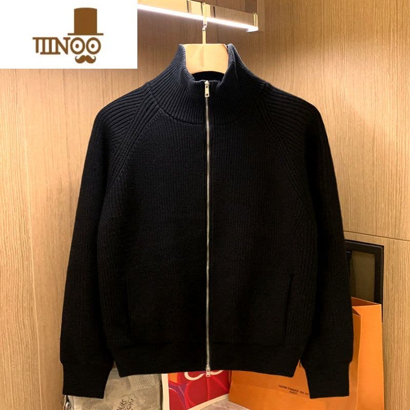 YANXU欧美简约绿立领拉链针织开衫男冬季加厚加绒半高领毛衣外套男图片