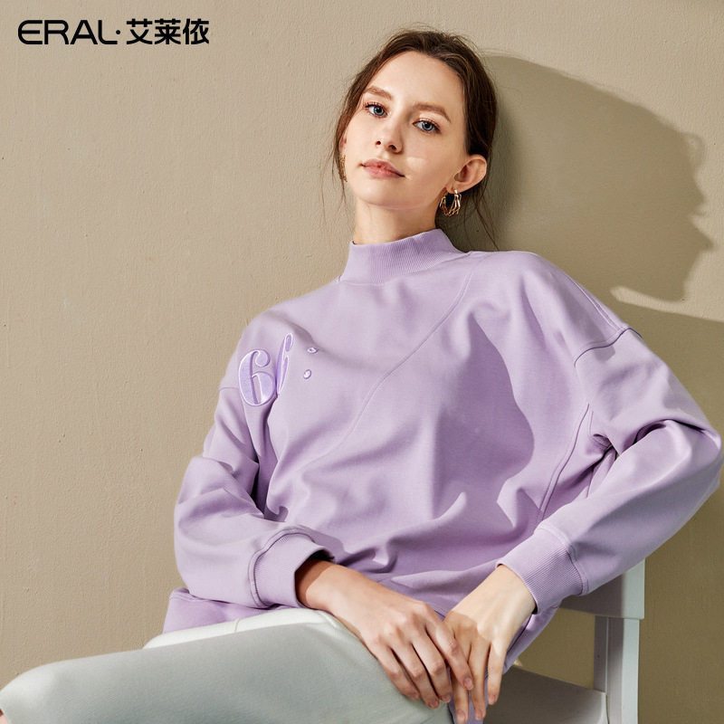 艾莱依2019秋季新款休闲宽松圆领经典数字运动卫衣女