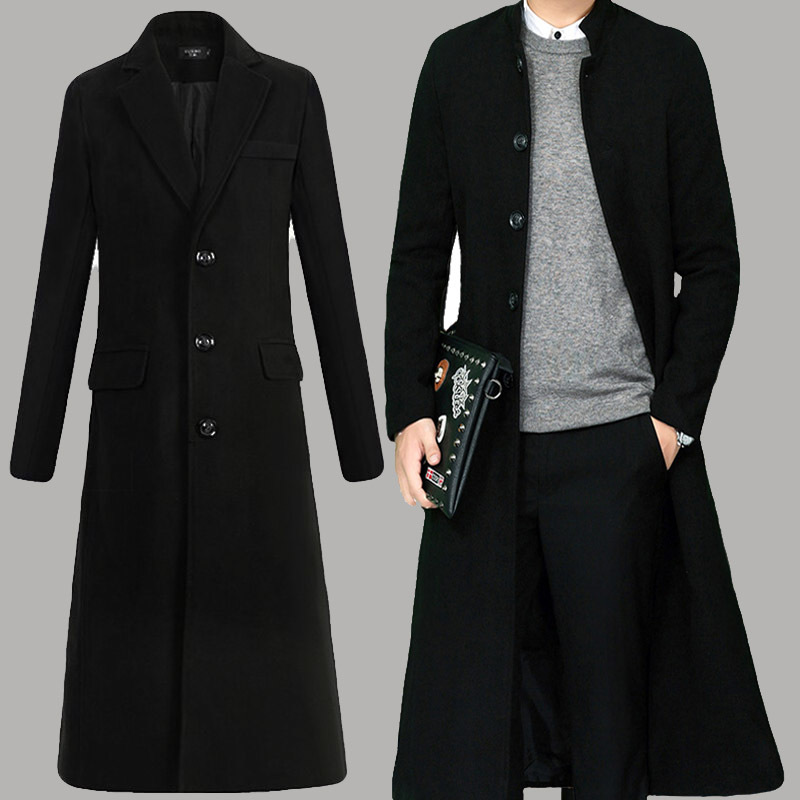 yuansu毛呢大衣男超长款过膝明星同款冬季加厚立领风衣青年男士毛呢