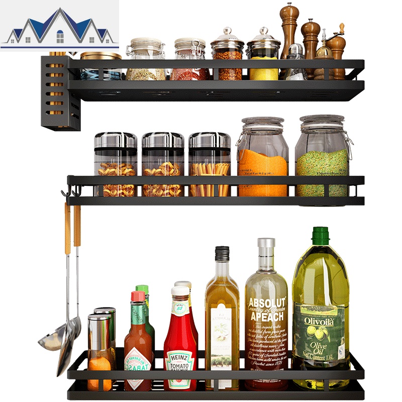 免打孔厨房置物架壁挂式调料架黑色调味品料收纳架子用品家用大全_2_764高清大图