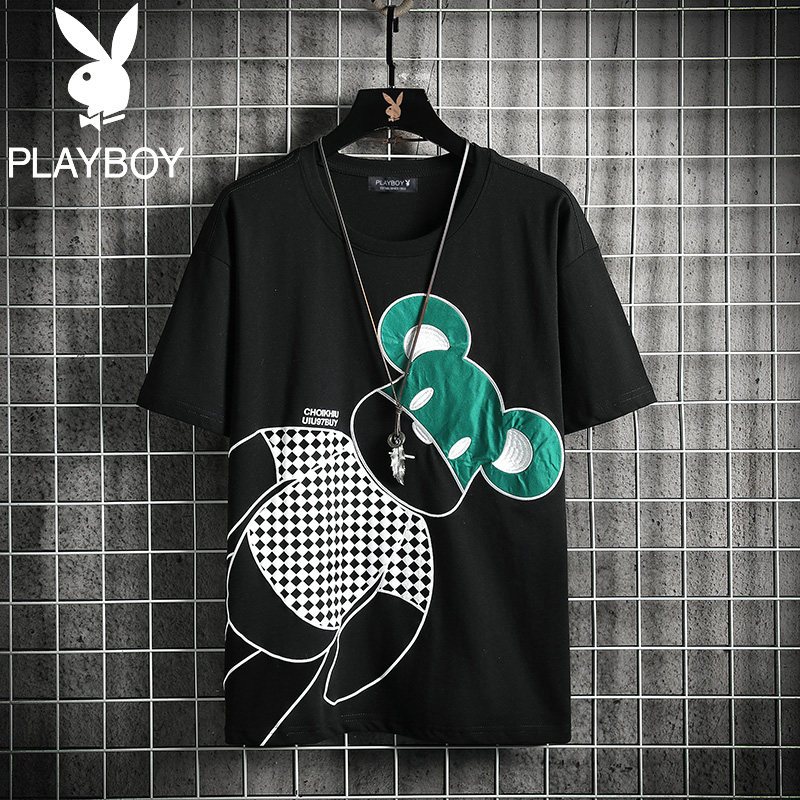 花花公子2022新款短袖T恤男潮牌小熊印花夏季休闲男装圆领上衣潮