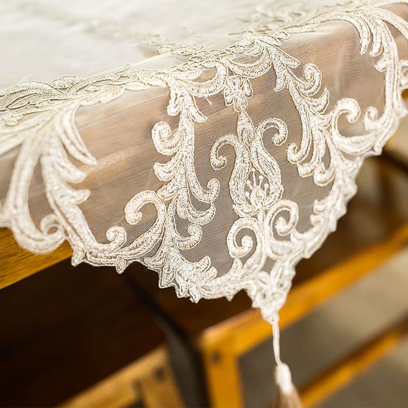 欧式桌旗蕾丝绣花桌旗电视柜盖布客厅梳妆台五斗柜蕾丝美式桌旗 米白色(双色绣线不纯白) 40cm*85cm图片