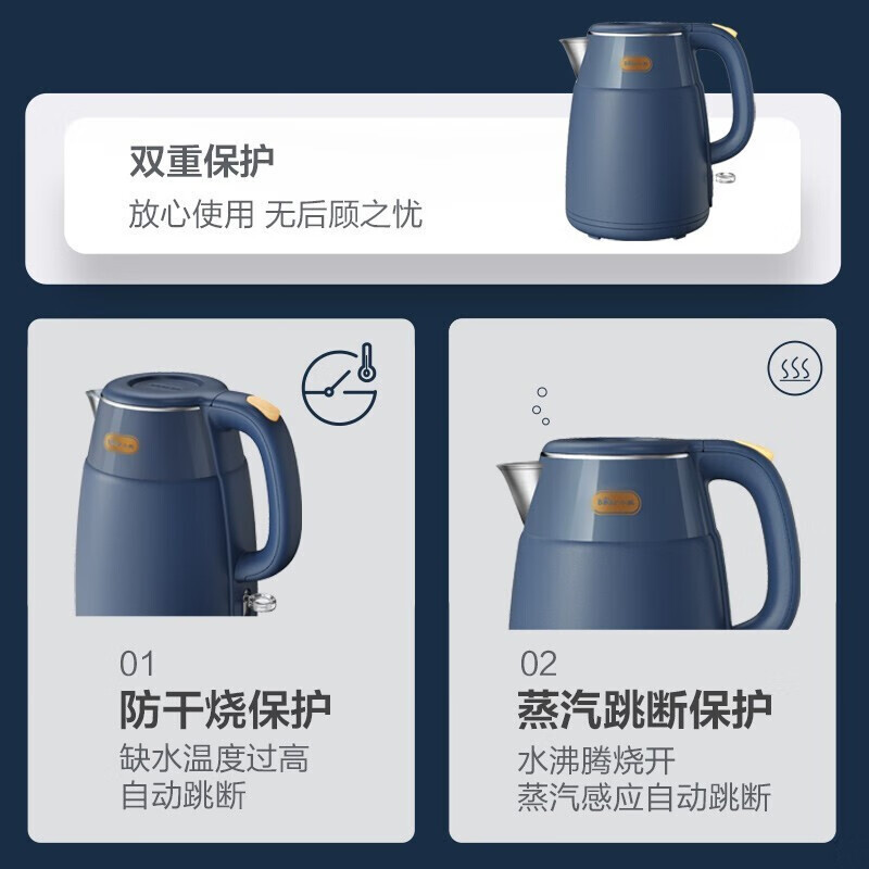 小熊(Bear) 电水壶热水壶电热水壶304不锈钢1.5L家用暖水壶开水壶烧水壶 复古蓝丨ZDH-Q15H2高清大图