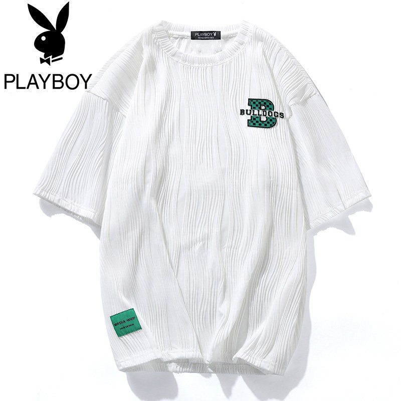 花花公子夏季潮牌字母印花圆领短袖T恤男潮牌宽松休闲青年体恤男