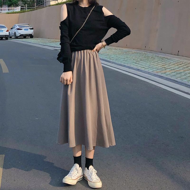 苏芈黑色半身裙春装女学生中长款a字裙洋气显瘦高腰长裙遮胯包臀裙子