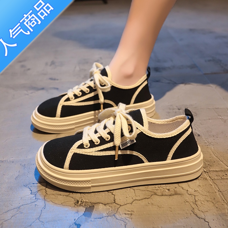 SUNTEK帆布鞋女2023新款夏款厚底板鞋女款休闲鞋一脚蹬女鞋夏季小白鞋子高清大图