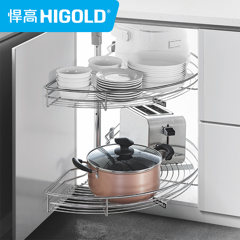 HIGOLD/悍高 橱柜180度转角旋转拉篮 厨房置物收纳篮 预售900柜体线条篮(左右开通用)