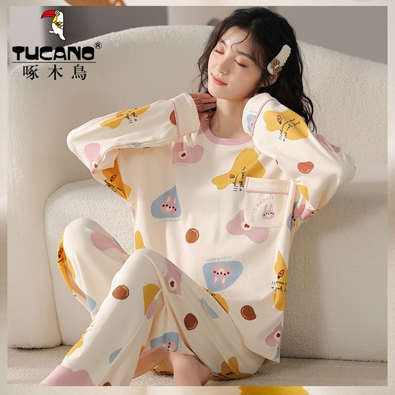 啄木鸟睡衣女春秋季新款纯棉长袖长裤两件套冬夏天女士休闲家居两高清大图