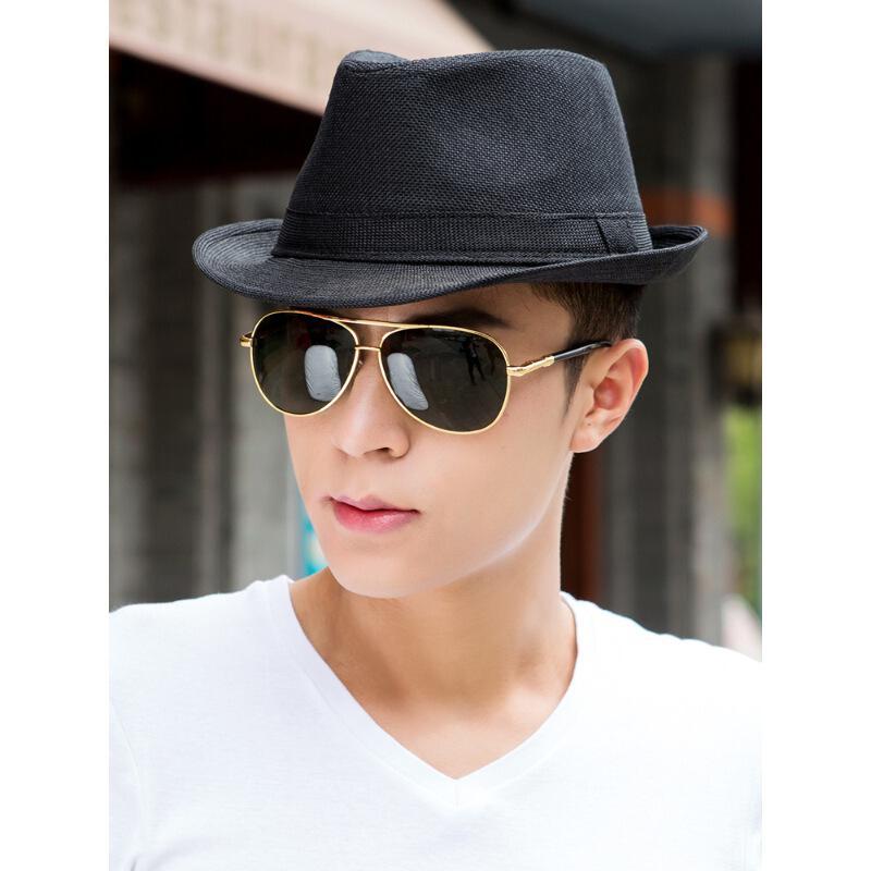 韩流春夏季礼帽男士亚麻帽子韩版潮爵士帽沙滩帽遮阳英伦帽太阳帽咖啡