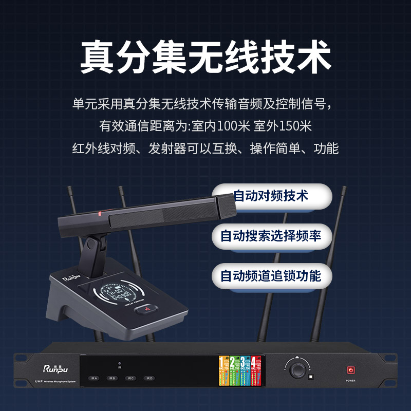 润普Runpu会议音频扩声系统 真分集+UHF桌面式方杆专业无线一拖四红外对频鹅颈麦克风话筒RP-SU104F高清大图