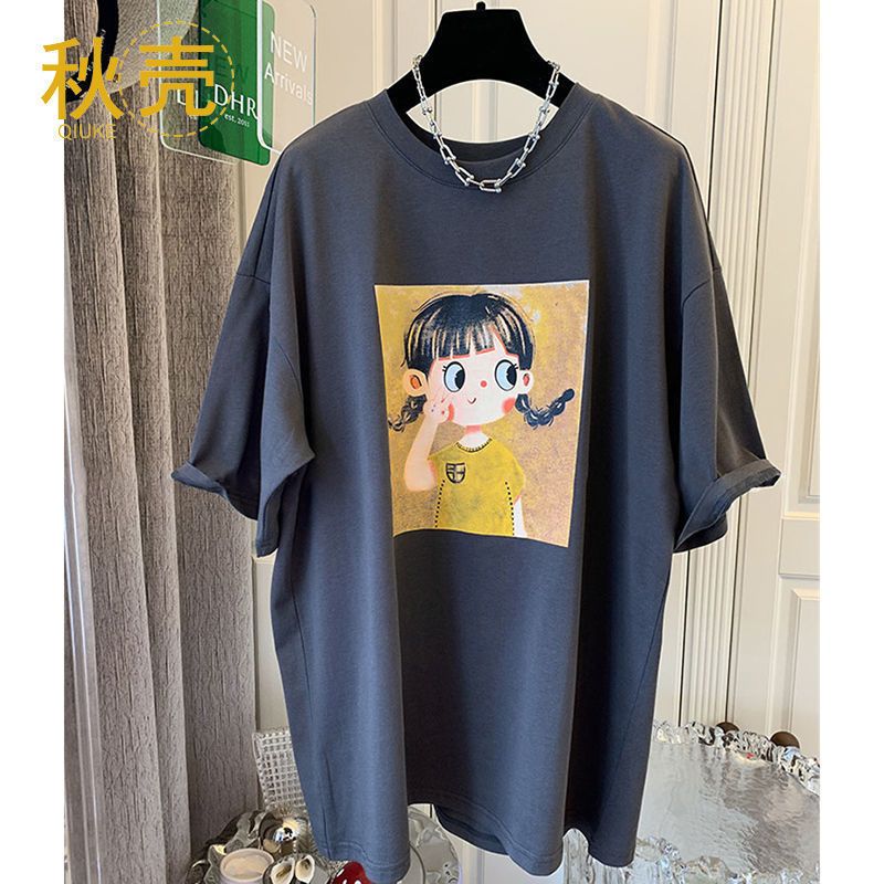 秋壳宽松纯棉2022夏季新款女ins韩版可爱卡通大码印花短袖T恤潮