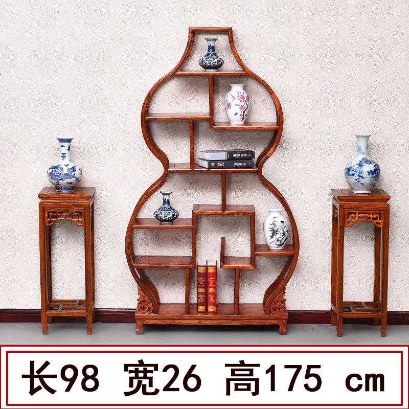 博古架实木多宝阁中式仿古家具榆木茶叶展示陈列柜客厅隔断置物架 葫芦博古架_1米以下