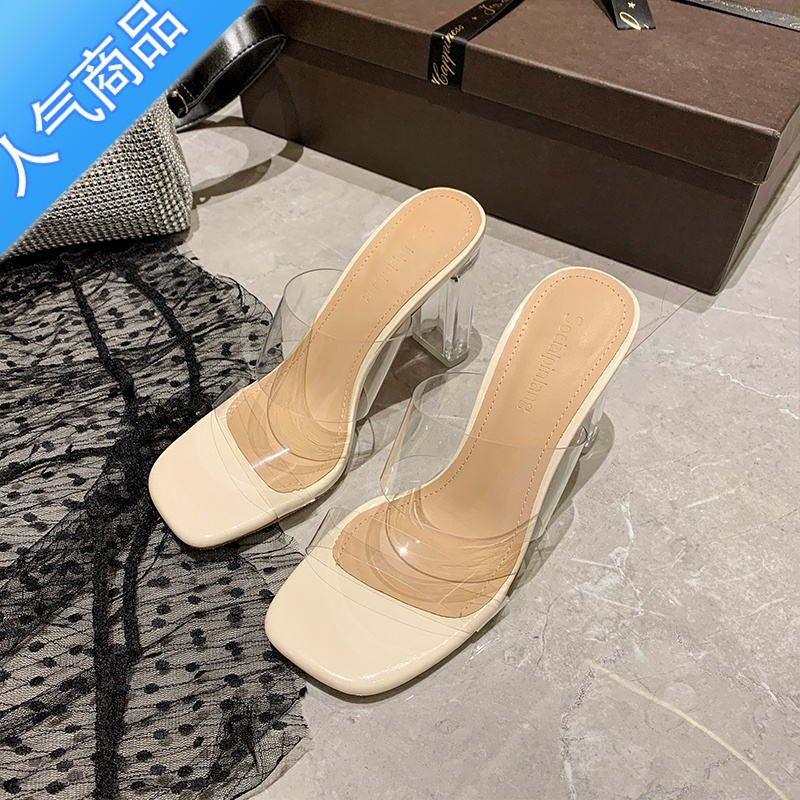 SUNTEK仙女风透明凉鞋2023年新款女夏季粗跟中跟水晶网红高跟鞋女凉拖鞋