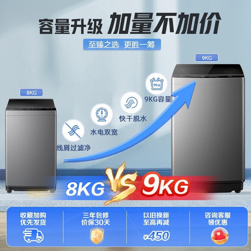 [官方正品]美的洗衣机全自动波轮9KG千克公斤专利免清洗十年桶如新宿舍租房家用家电 MB90V37E