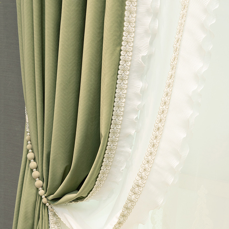 添福运 法式浪漫轻奢遮光窗帘北欧简约现代挂钩窗帘打孔窗帘飘窗客厅帘子遮阳布拼色儿童房奶油风窗帘轻奢卧室挂钩纯色窗帘高清大图