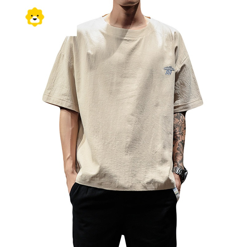 fish basket亚麻短袖t恤男棉麻布衣服夏季薄款宽松半袖体恤刺绣丅恤