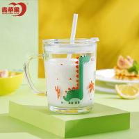 青苹果玻璃杯带吸管刻度杯早餐杯量杯杯果汁水杯子儿童奶杯可微波炉牛奶杯
