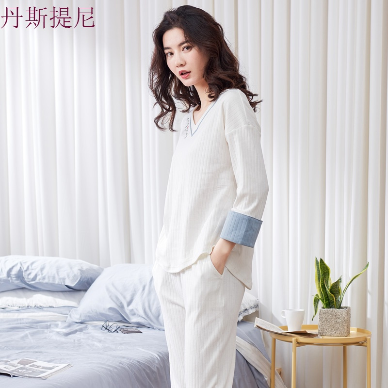春秋季睡衣女纯棉长袖韩版V领公主风可外穿清新薄款家居服套装夏