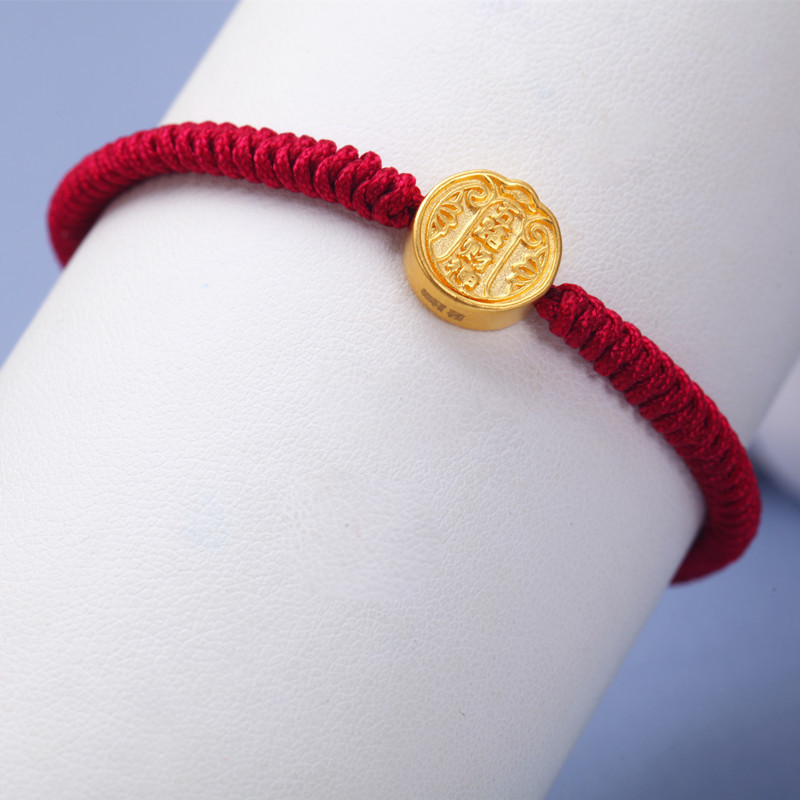 新金珠宝黄金五路财神手链纯金硬金路路通本命年红色手绳1042