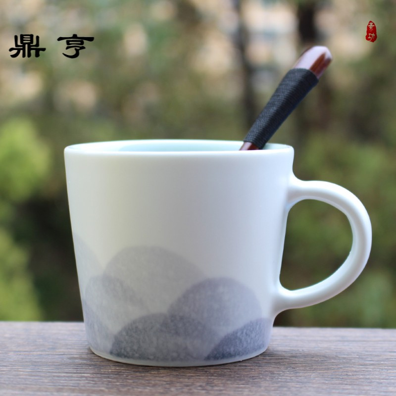 鼎亨景德镇手工手绘带碟勺咖啡杯套装个性简约陶瓷早餐杯马克杯定