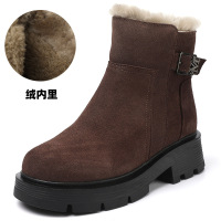 秋冬季女棉靴新款厚底中跟磨砂牛皮雪地靴加绒防滑保暖棉靴 深棕色 36