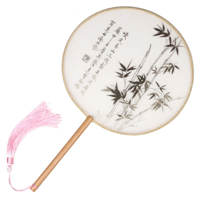 扇子女古风汉服团扇烫金圆扇中国苏古典女式长柄舞蹈扇宫廷扇 三维